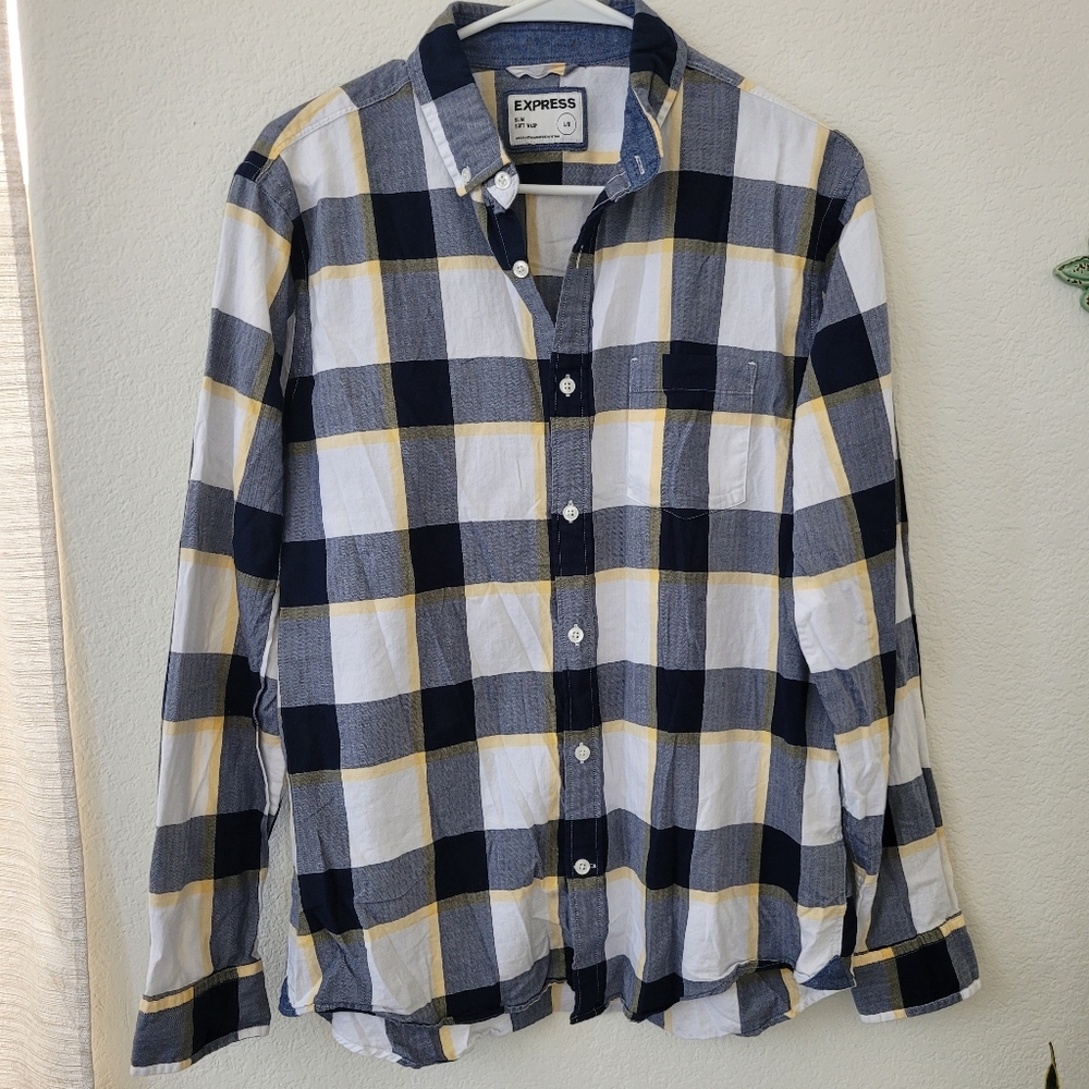 Express Men's Checkered Long Sleeve Shirt - Dark Blue, White, Yellow